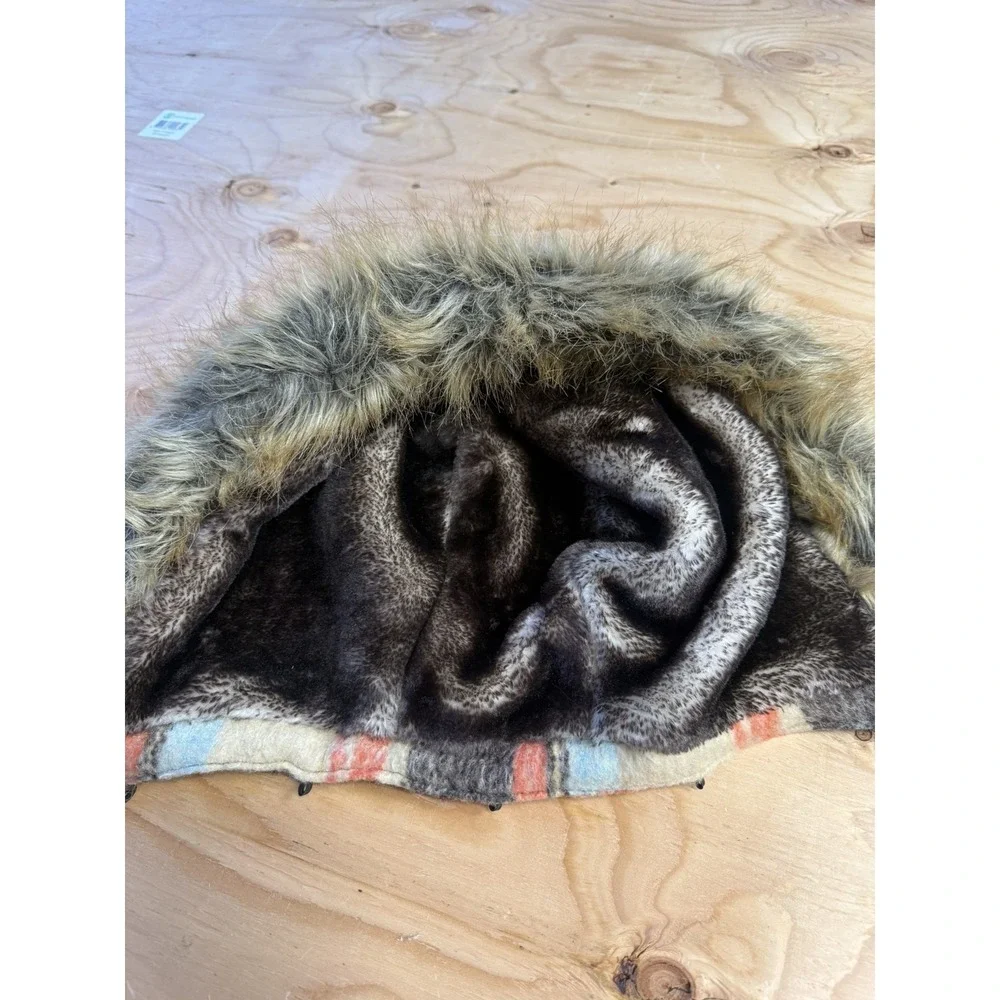 Urban Republic Coat Girls 14 Multicolor Plaid Pleated Faux Fur Hood Pockets